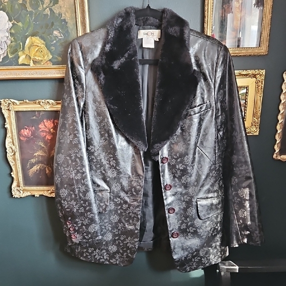 Simons Jackets & Blazers - Vintage Simons Black Floral Fake Leather Blazer with Faux Fur Collar